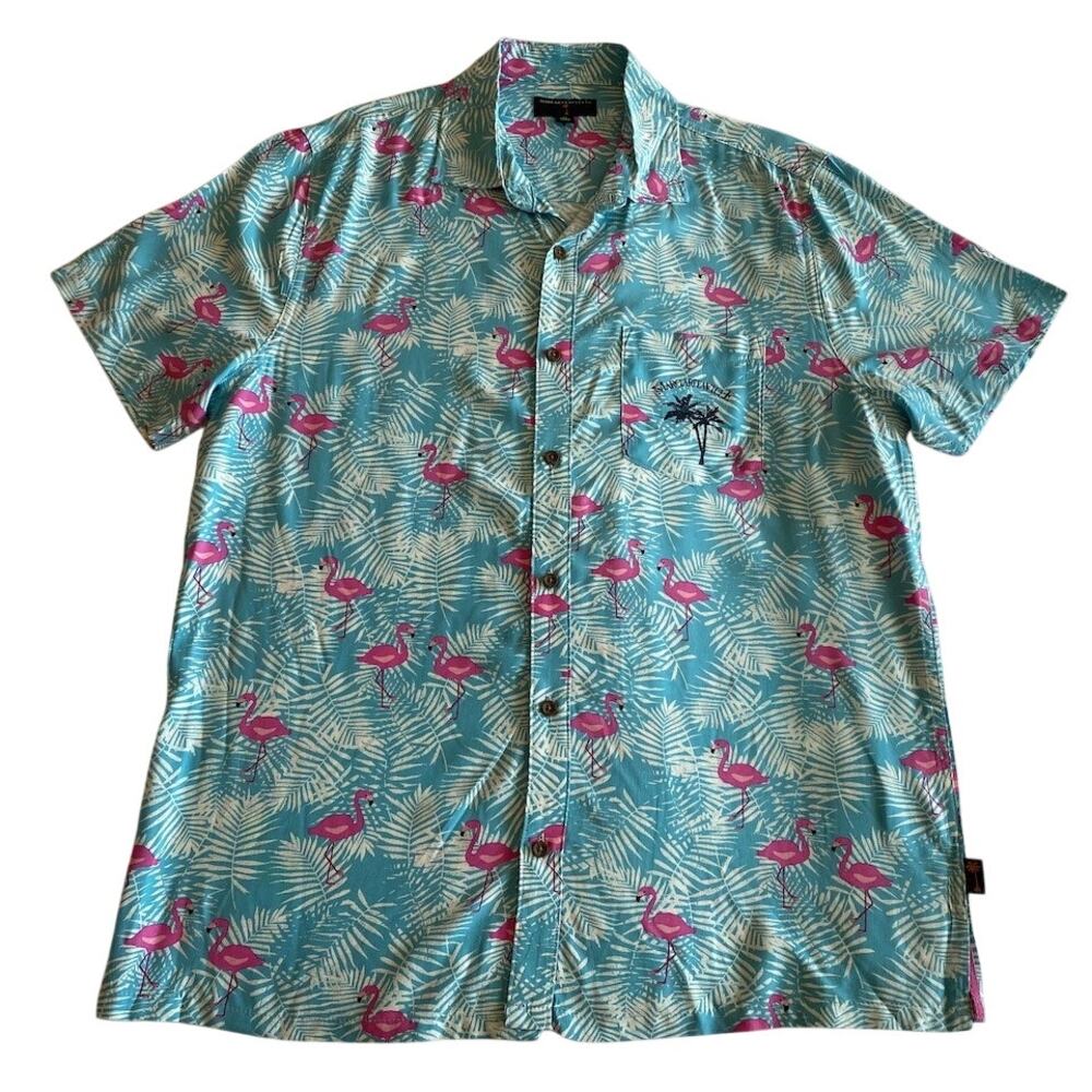 NWOT Margaritaville 100% Rayon Shirt Teal & Pink Flamingos Button Close Extra M